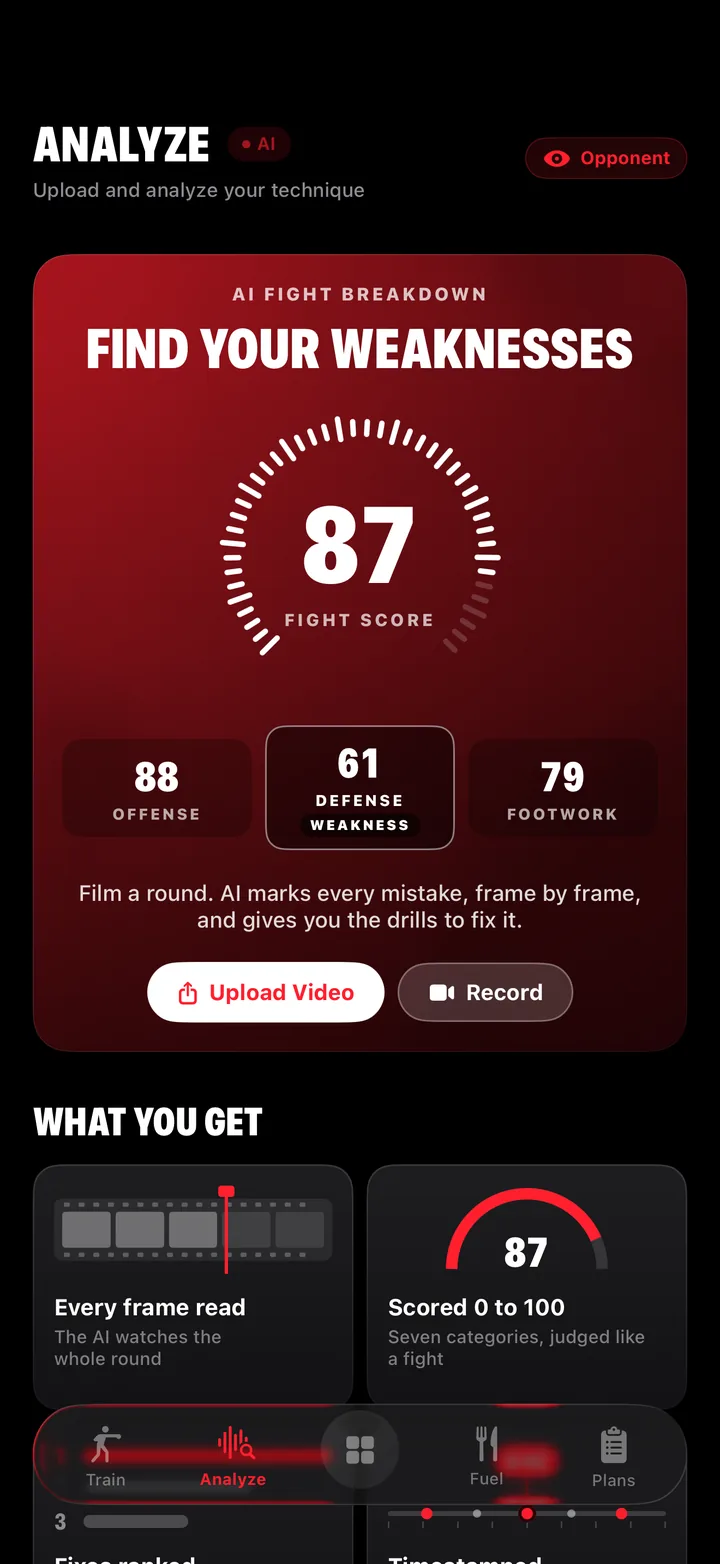 Brawler Analyze screen showing a fight score of 87 with offense, defense, and footwork sub-scores and defense flagged as the weakness