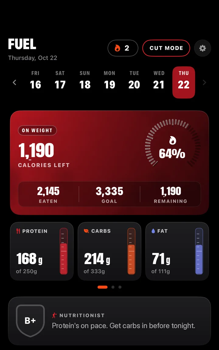 Brawler Fuel screen showing calories remaining, protein, carbs and fat progress, and a B+ nutritionist grade