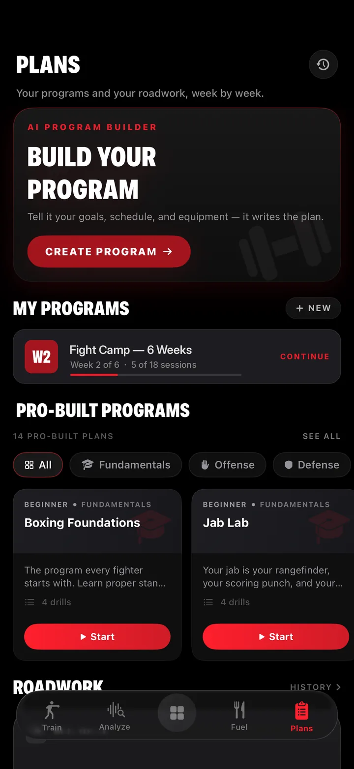 Brawler Plans screen with the AI Program Builder, an active six-week fight camp, and pro-built programs