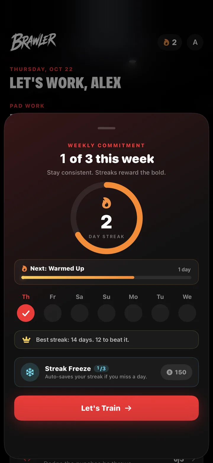 Brawler weekly commitment sheet showing a 2-day streak, progress toward the Warmed Up tier, and a streak freeze
