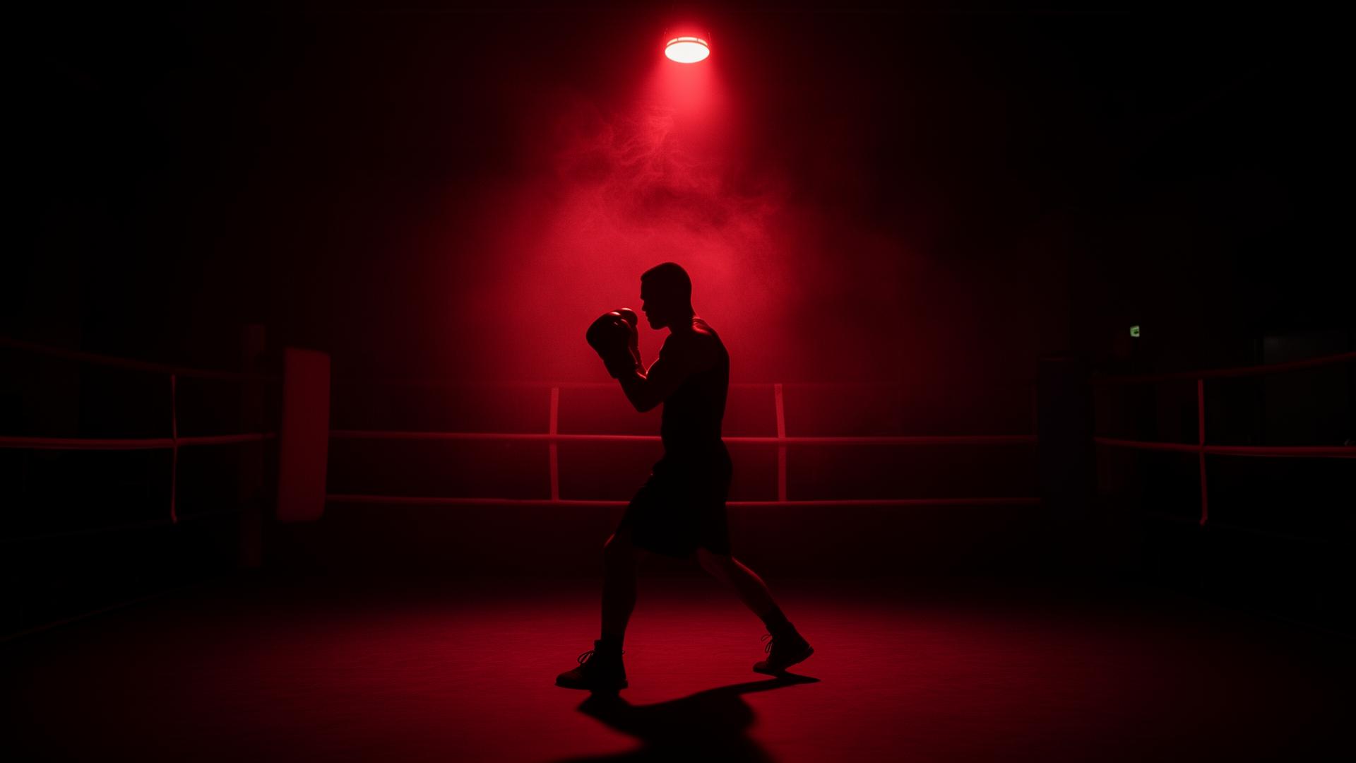 Boxer shadowboxing under a red spotlight