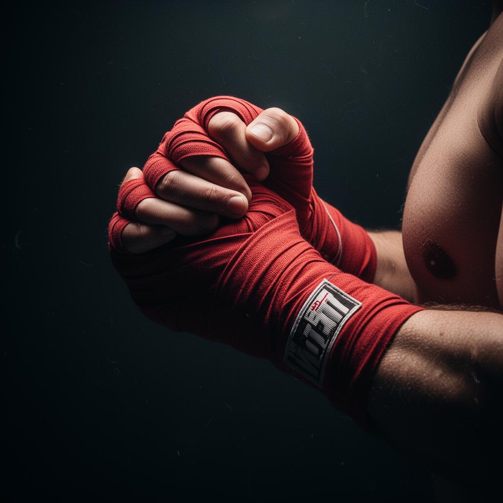 Boxer's hands in red wraps